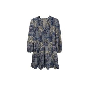 Blue Paisley‎ Patchwork Tiered Ruffle Dress Size L Long Sleeve V Neck